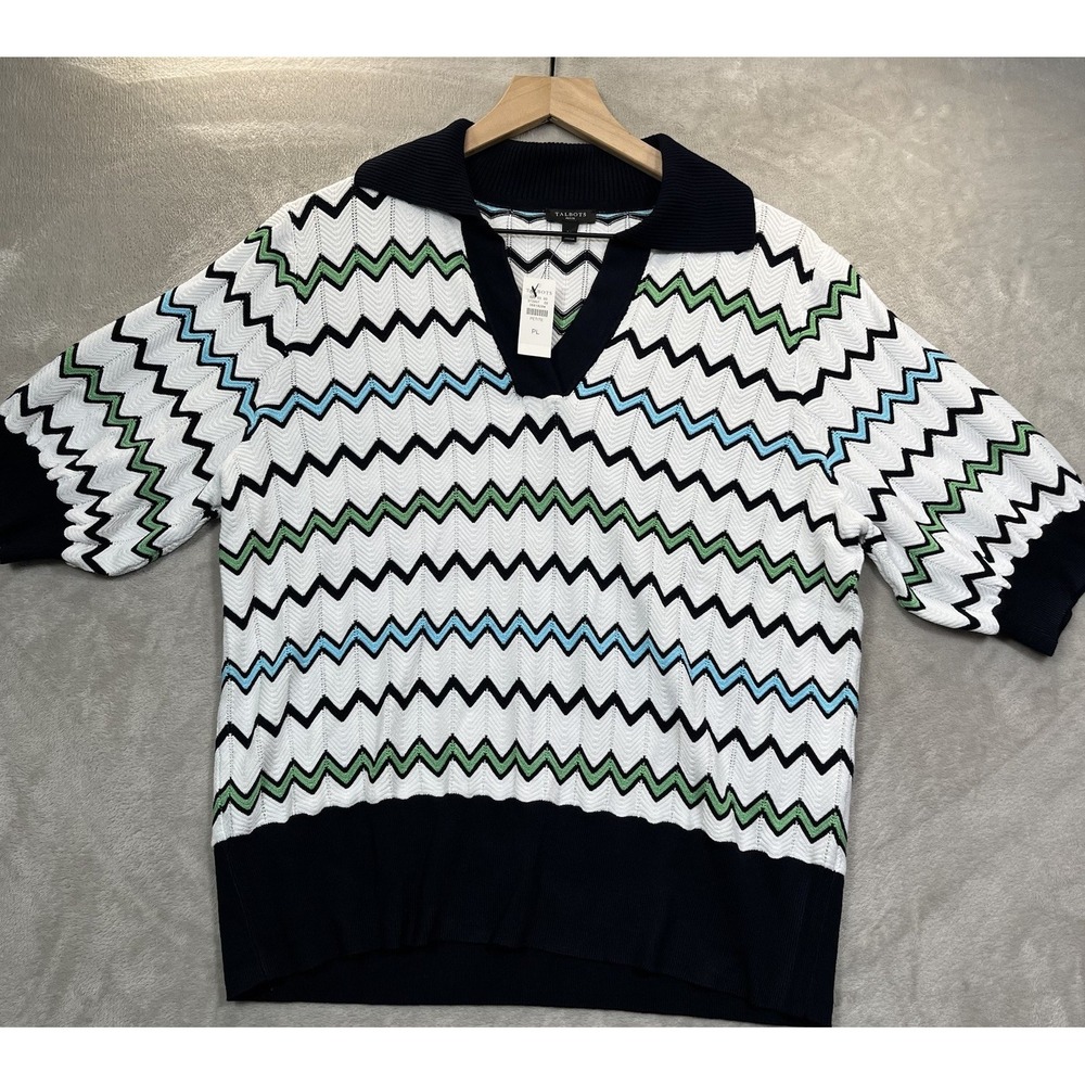 Talbots Johnny Collar Sweater PL Zig Zag Stripe Retro Preppy NEW